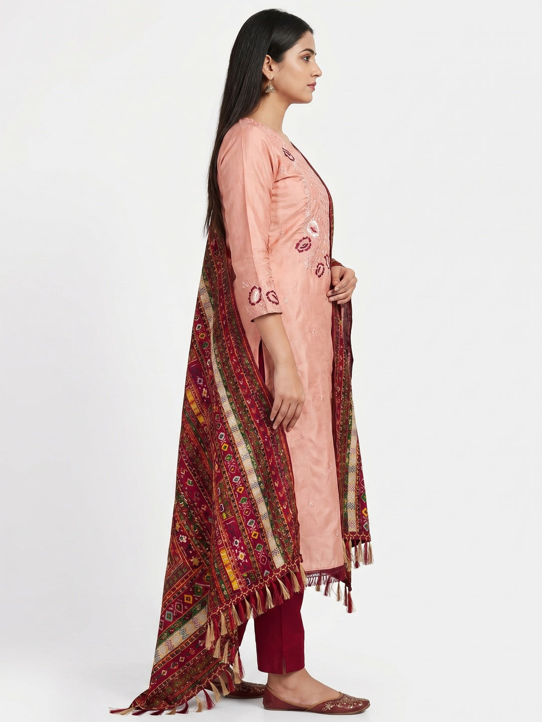 Peach Floral Embroidered Art Silk Dress Material - Image 3