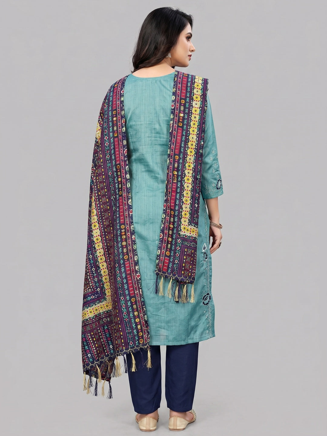 Turquoise Floral Embroidered Art Silk Dress Material - Image 3