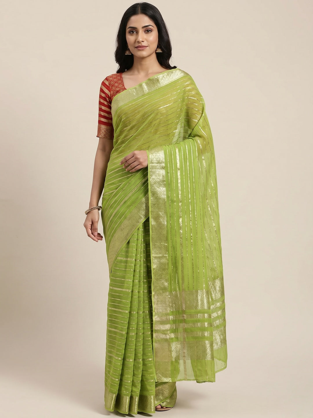 Green Striped Zari Woven Viscose Saree - Image 1