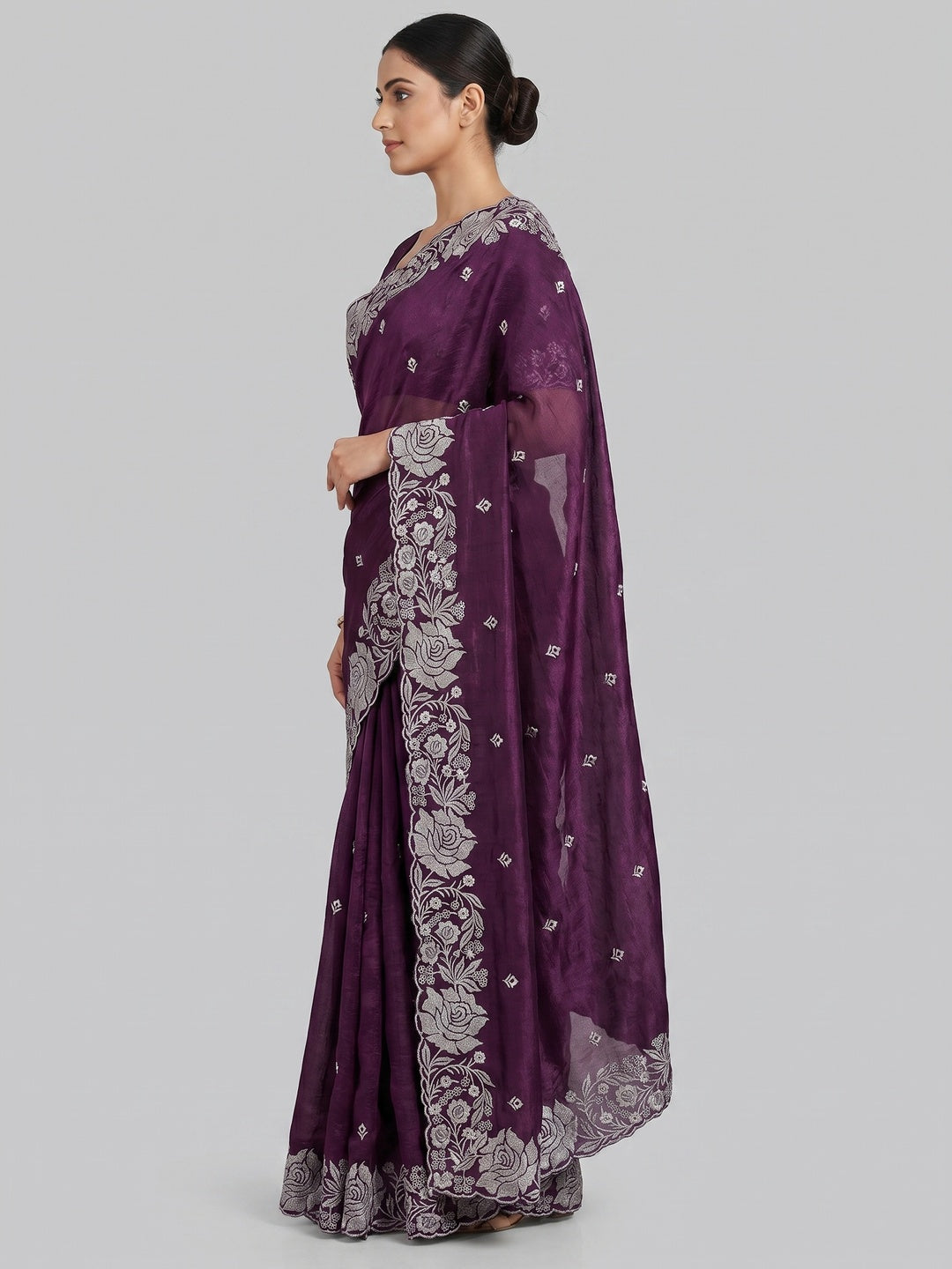 Purple Floral Zari Embroidered Chinon Silk Saree - Image 2