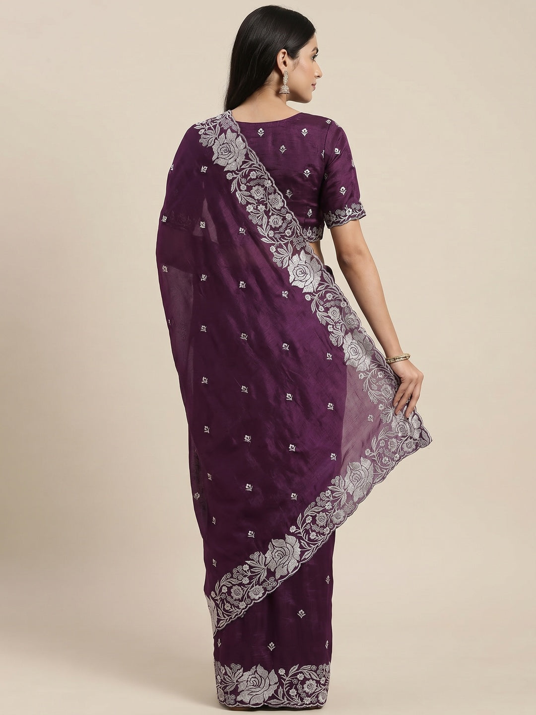 Purple Floral Zari Embroidered Chinon Silk Saree - Image 3