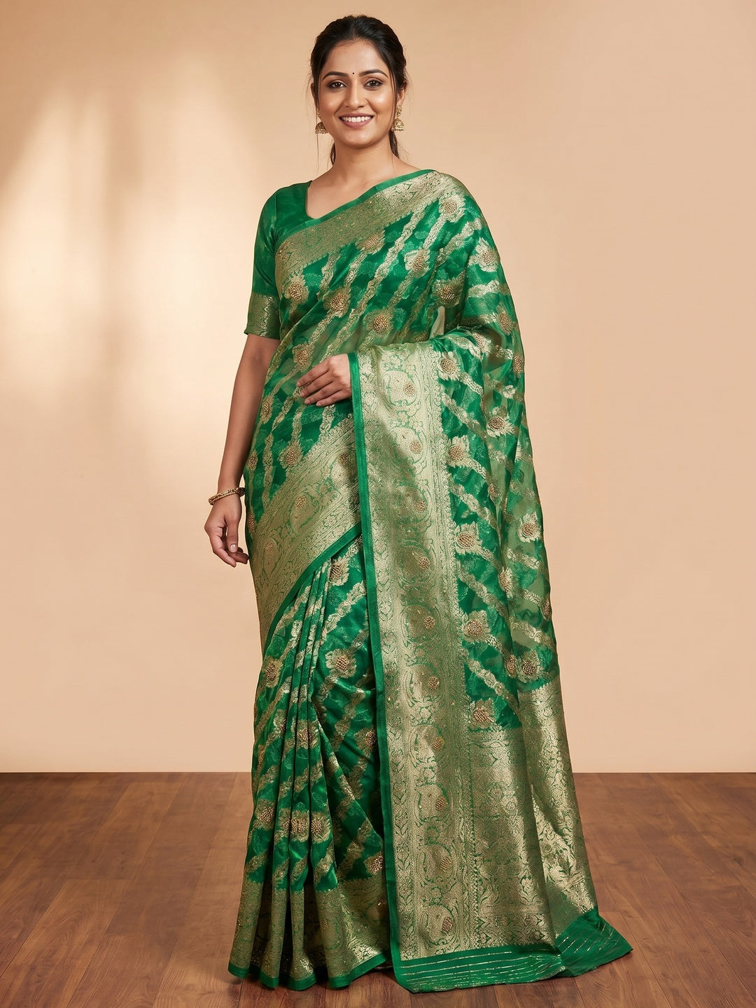 Green Stone Work Woven Organza Jacquard Saree - Image 1