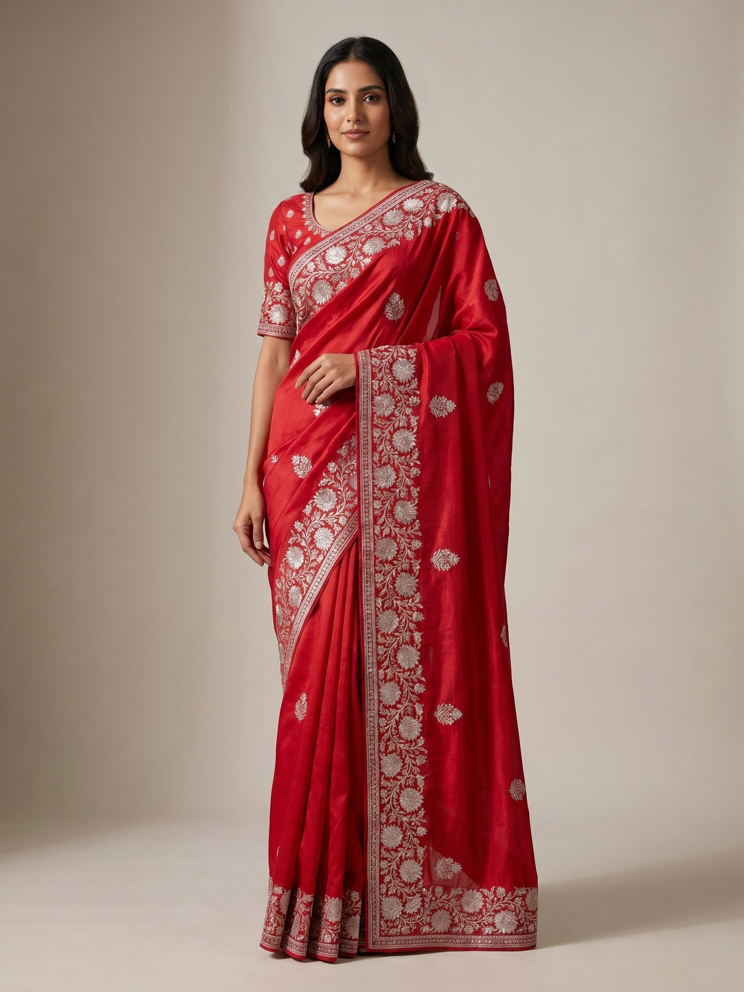 Red Floral Zari Embroidered Chinon Silk Saree - Image 1