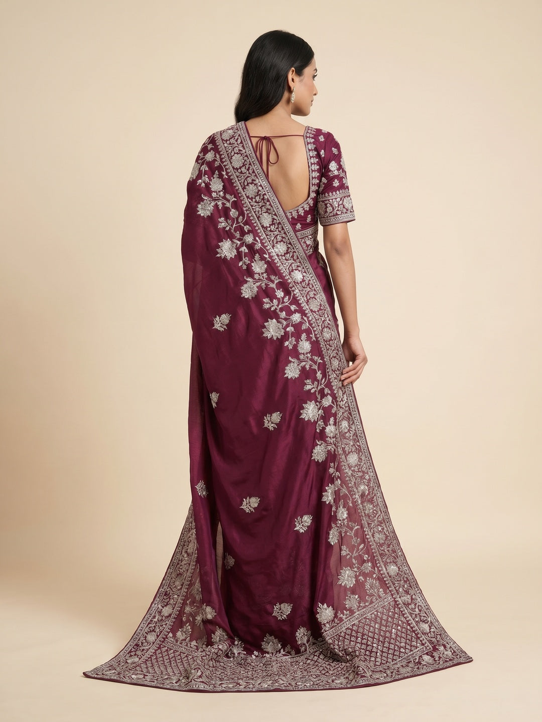 Wine Floral Zari Embroidered Chinon Silk Saree - Image 2