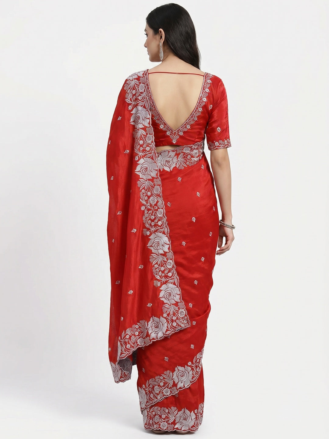 Red Floral Zari Embroidered Chinon Silk Saree - Image 3