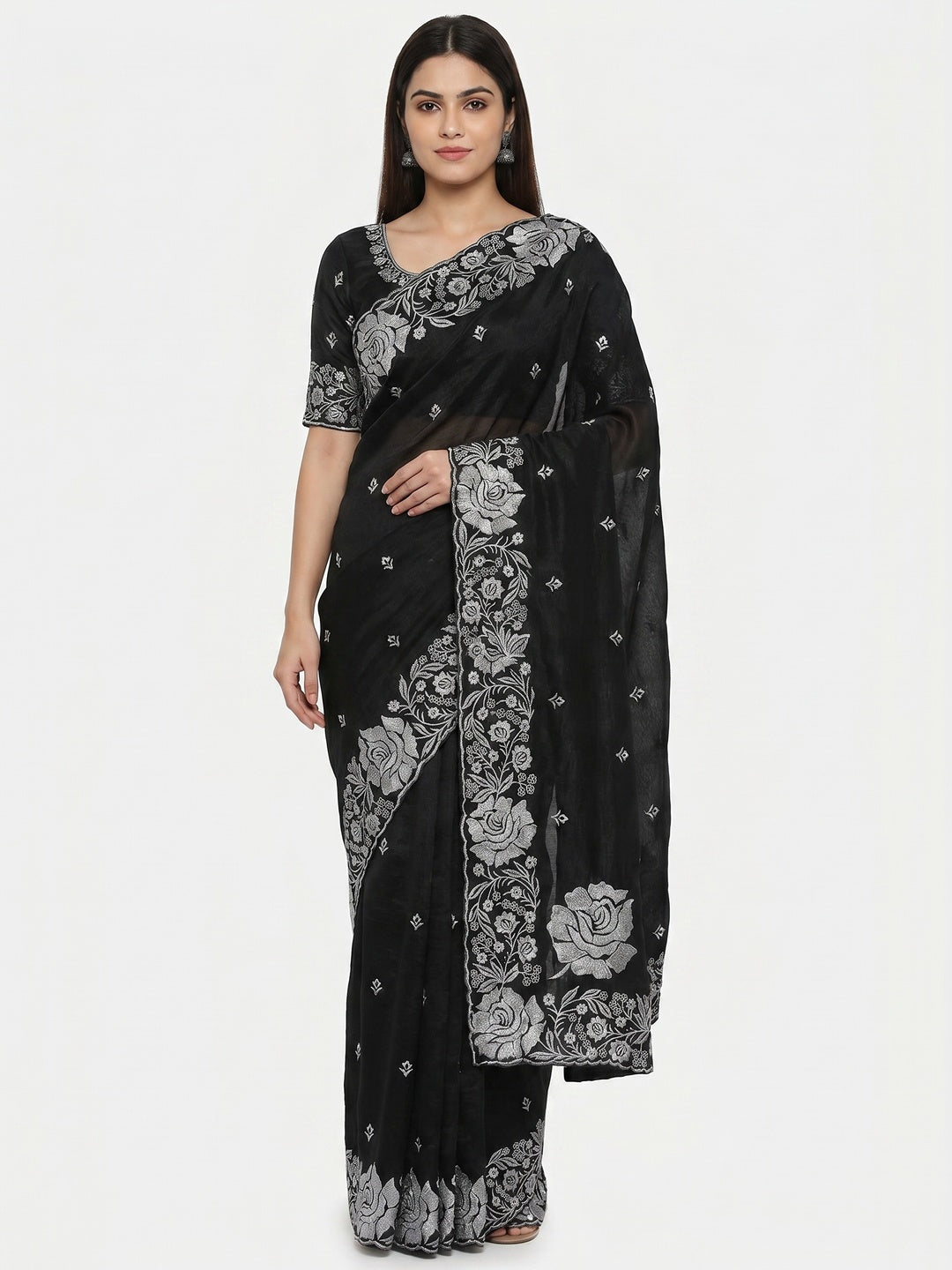 Black Floral Zari Embroidered Chinon Silk Saree - Image 1