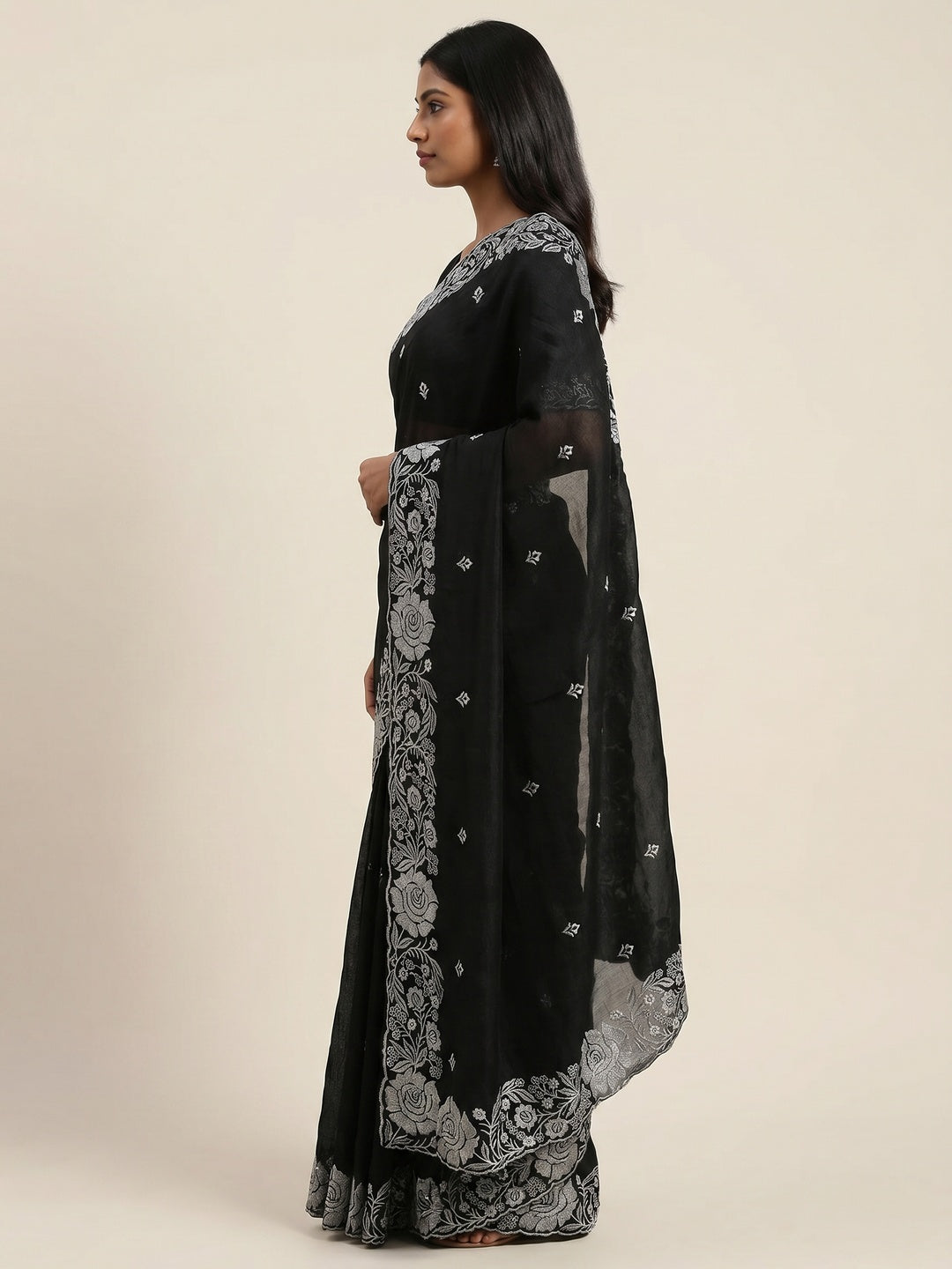 Black Floral Zari Embroidered Chinon Silk Saree - Image 2