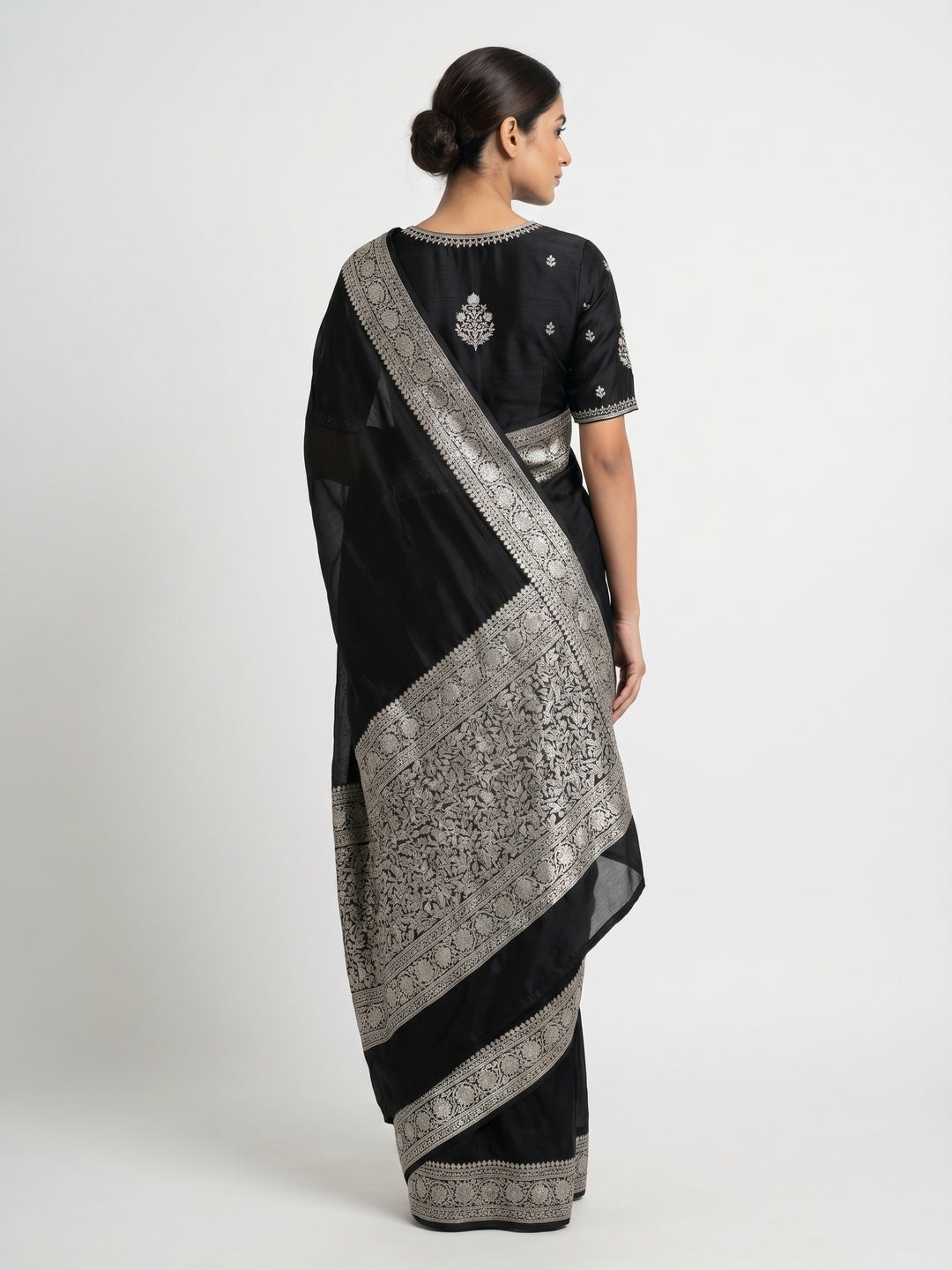 Black Floral Zari Embroidered Chinon Silk Saree - Image 3