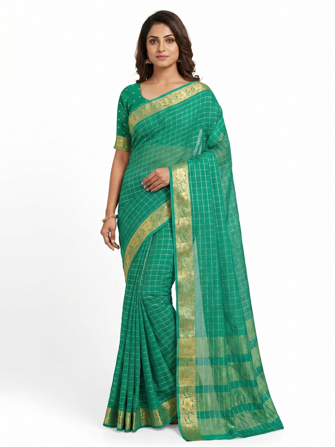 Rama Green Woven Chiffon Saree - Image 1