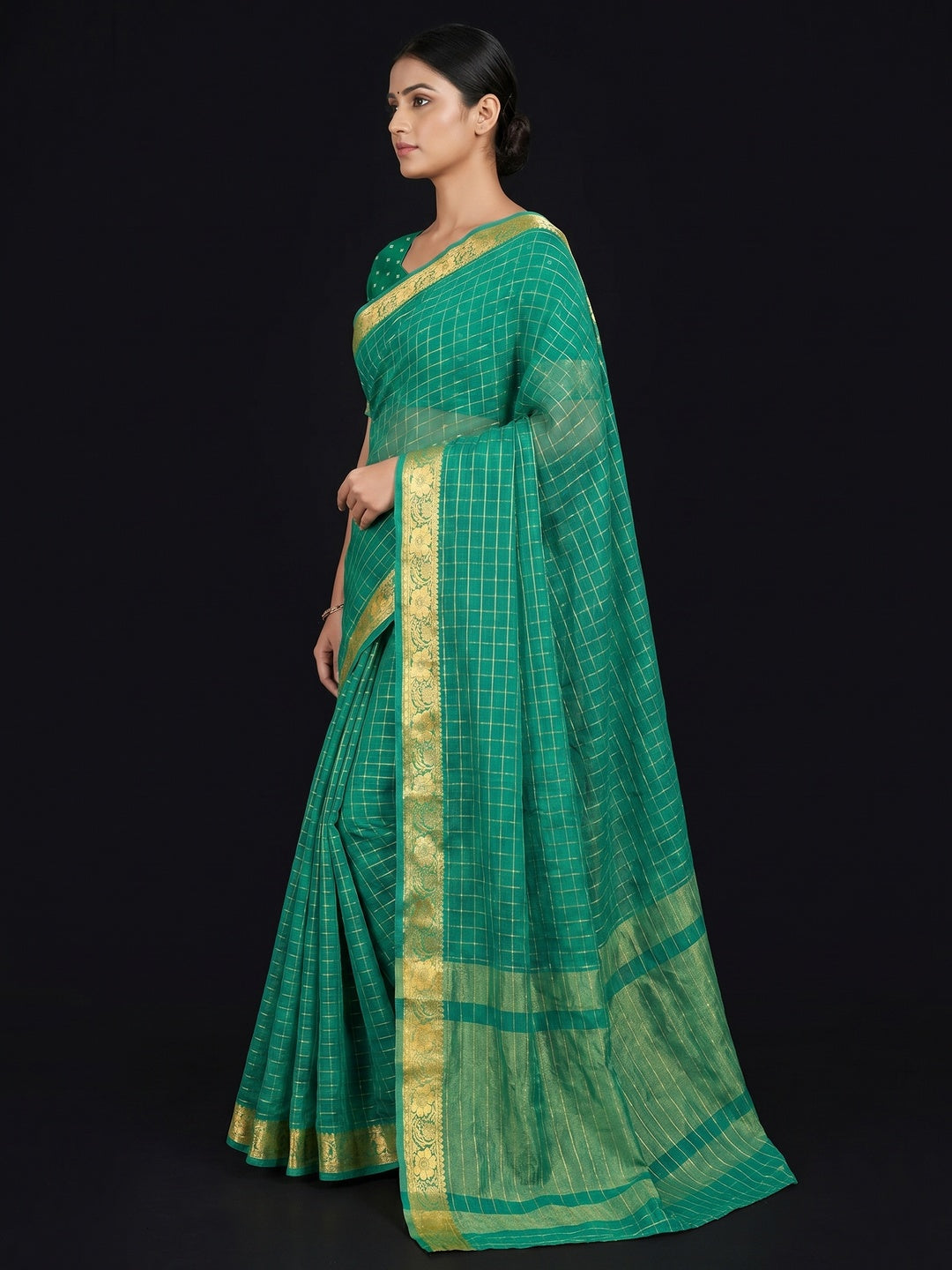 Rama Green Woven Chiffon Saree - Image 2