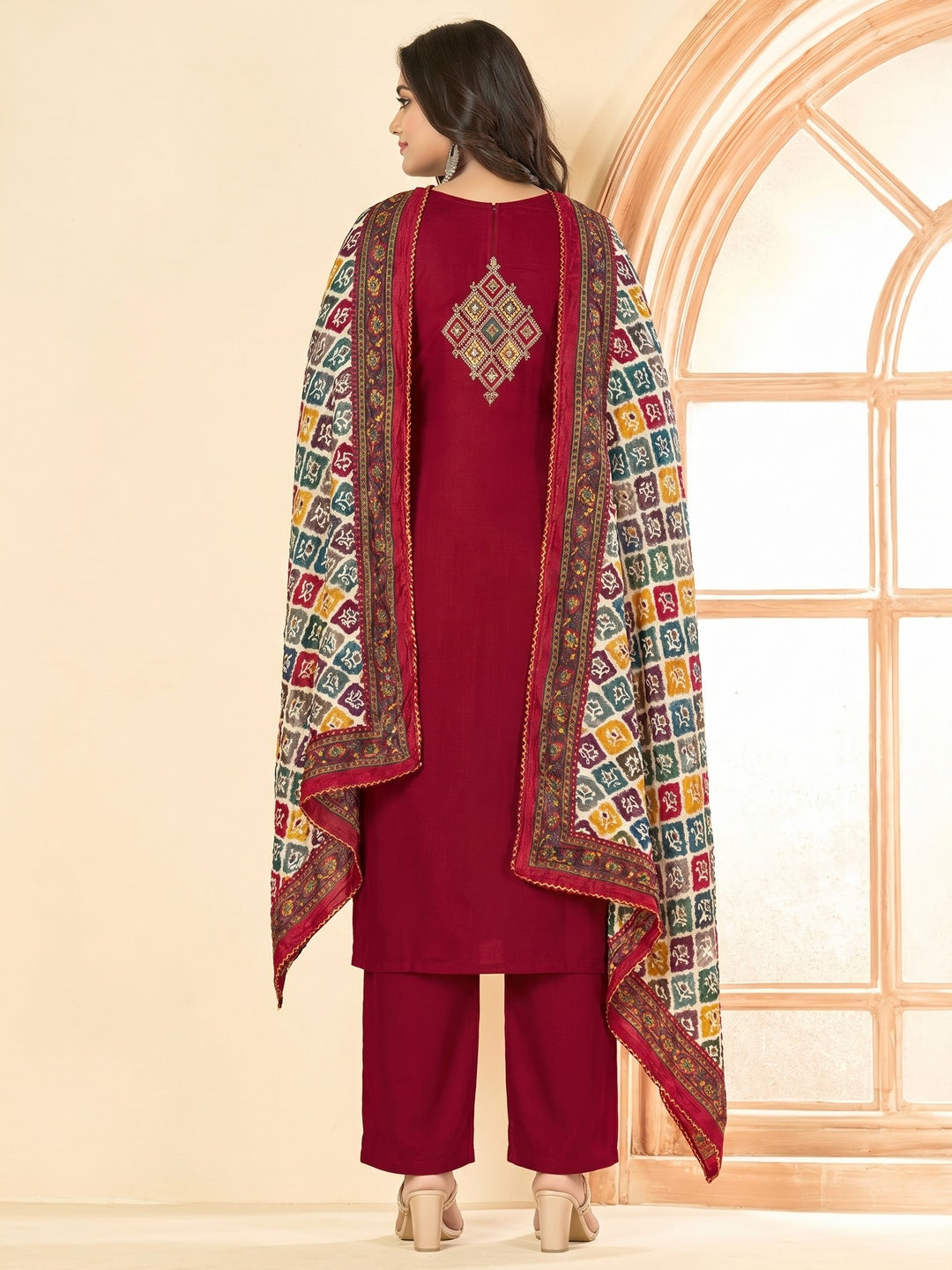 Maroon Embroidery With Diamond Rayon Dress Material - Image 1