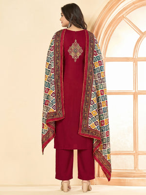 Maroon Embroidery With Diamond Rayon Dress Material - Image 1