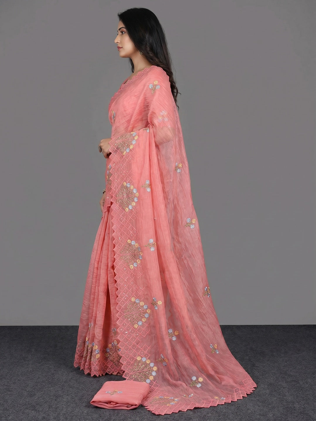Peach Floral Sequins Embroidered Art Silk Crush Saree - Image 2
