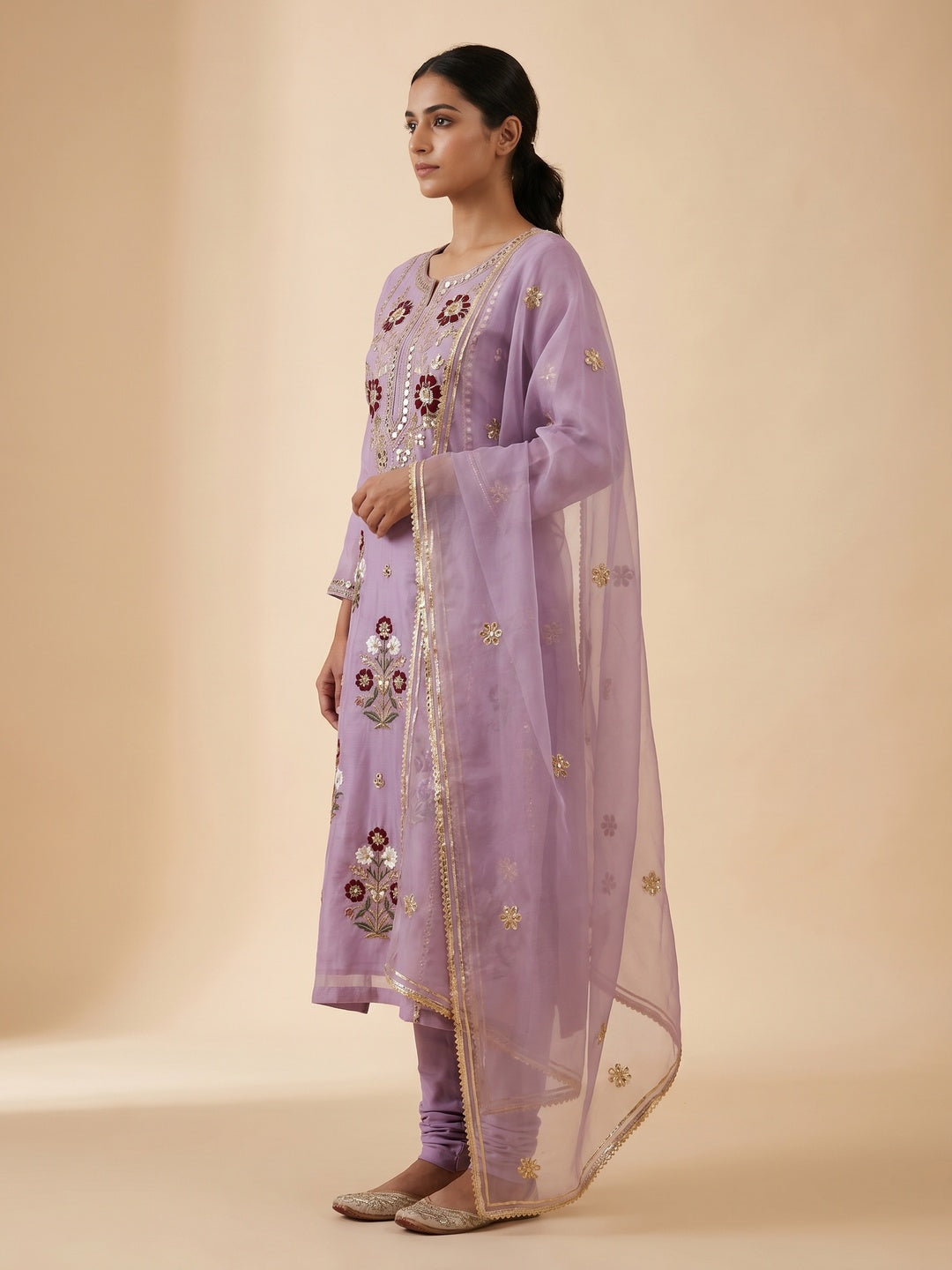 Lavender Floral Embroidered Soft Organza Dress Material - Image 3