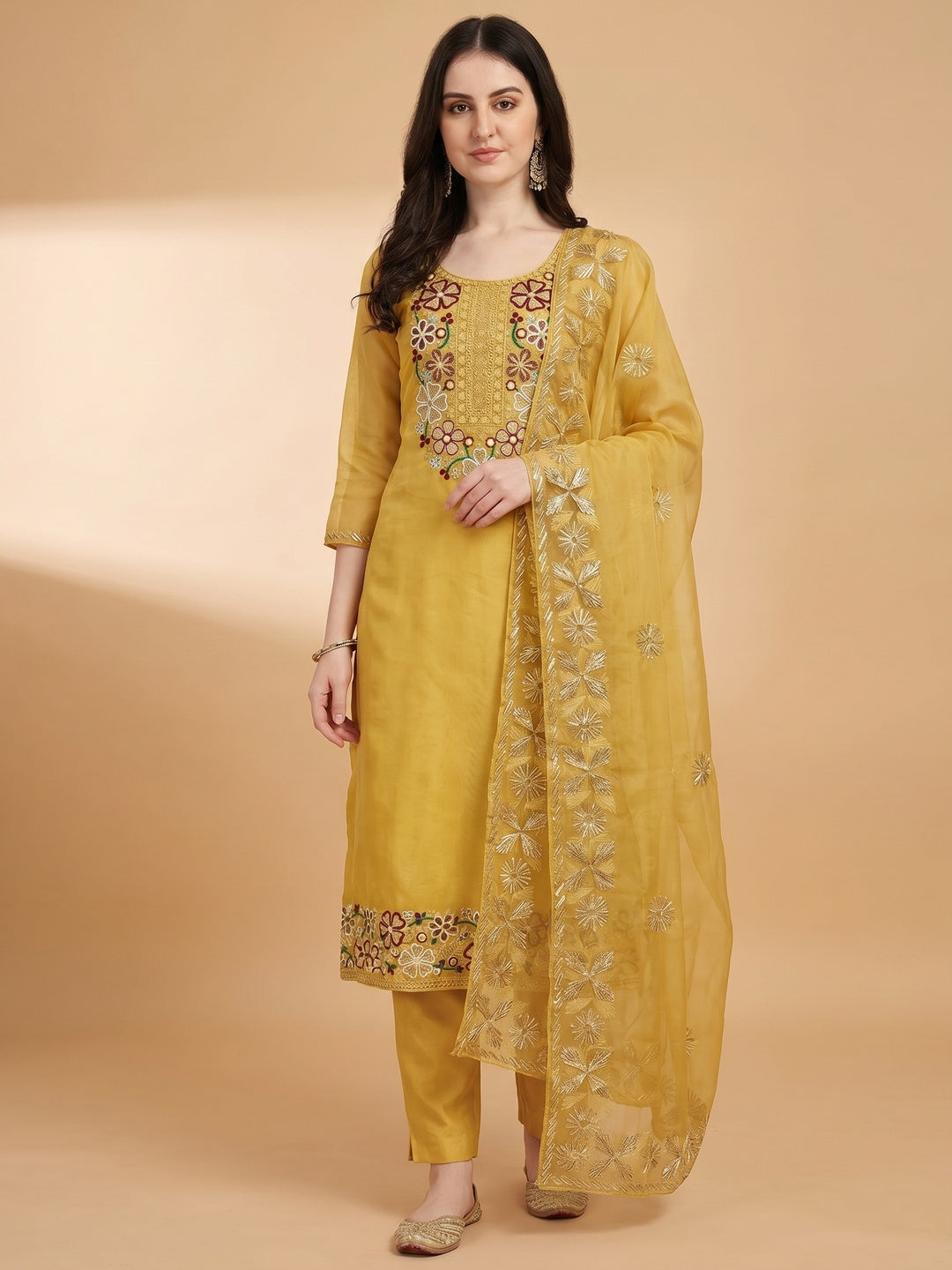 Yellow Floral Embroidered Soft Organza Dress Material - Image 1