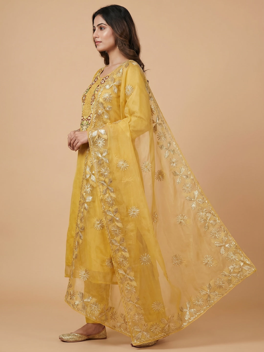 Yellow Floral Embroidered Soft Organza Dress Material - Image 3