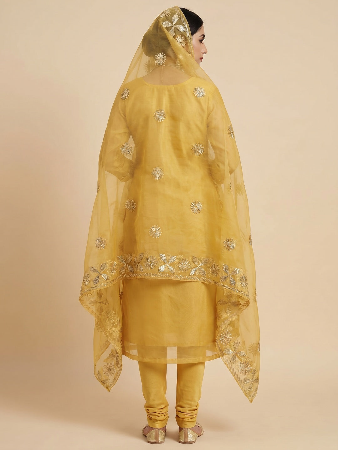 Yellow Floral Embroidered Soft Organza Dress Material - Image 2