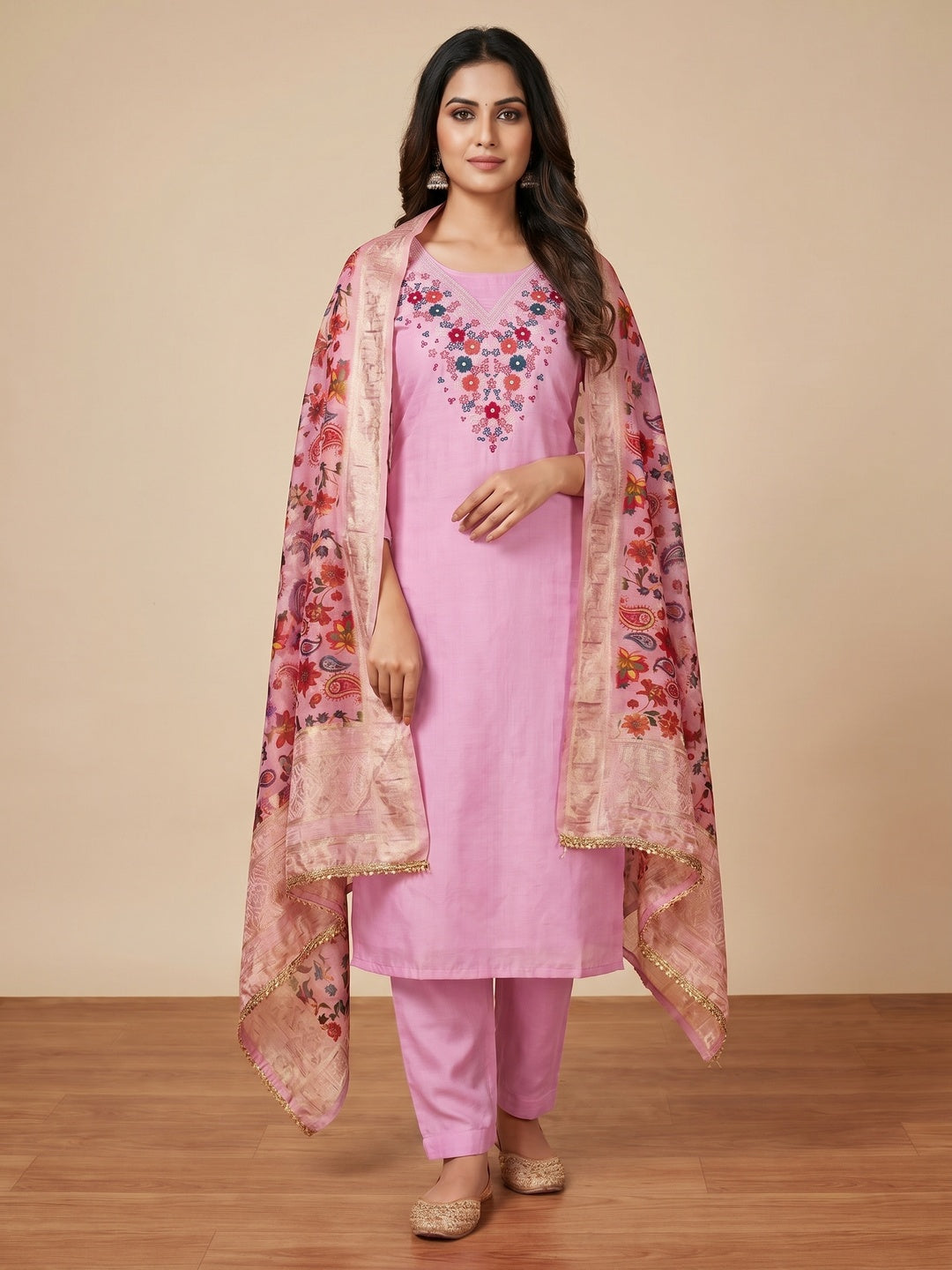 Pink Floral Embroidered Roman Cottom Silk Dress Material - Image 3