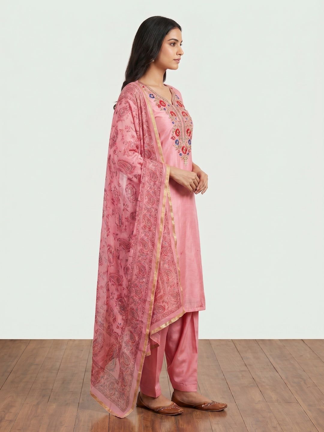 Pink Floral Embroidered Roman Cottom Silk Dress Material - Image 1