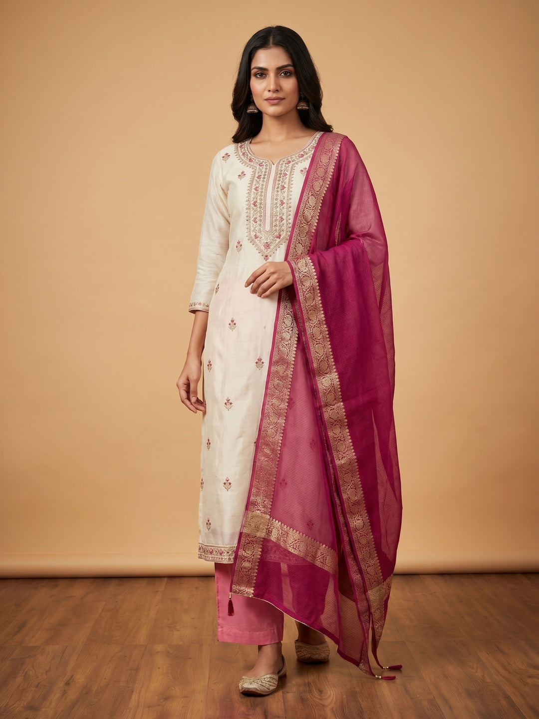 Off White & Pink Embroidered Chanderi Dress Material - Image 1