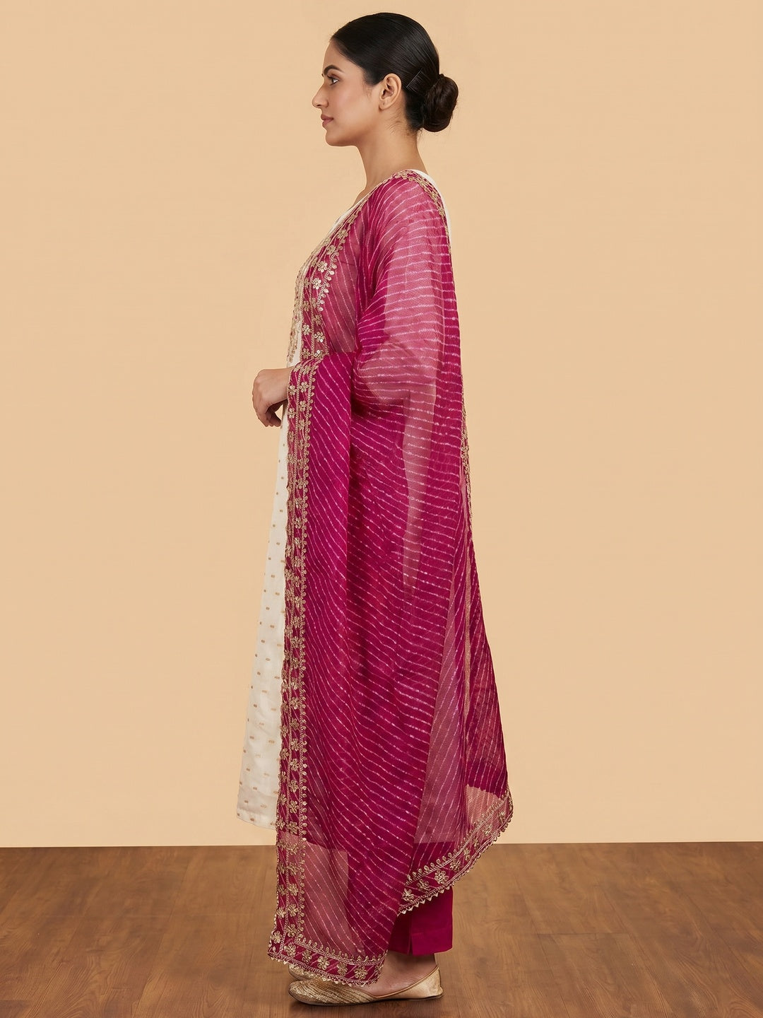 Off White & Pink Embroidered Chanderi Dress Material - Image 2