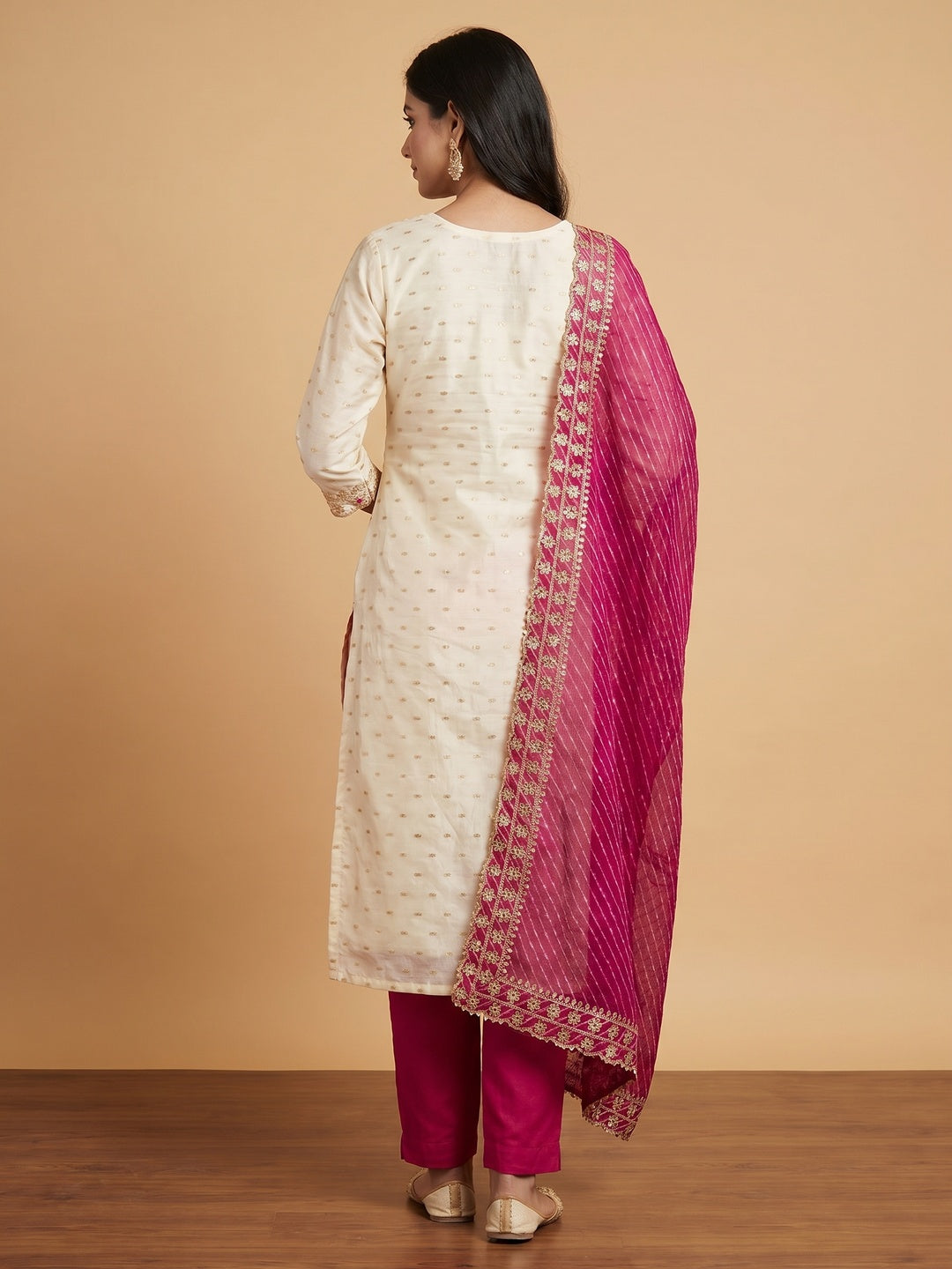 Off White & Pink Embroidered Chanderi Dress Material - Image 3