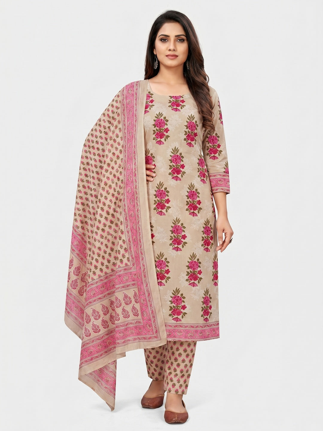 Beige Floral Printed Pure Cotton Dress Material - Image 1