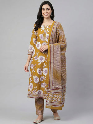 Mustard Floral Printed Pure Cotton Dress Material - Image 1