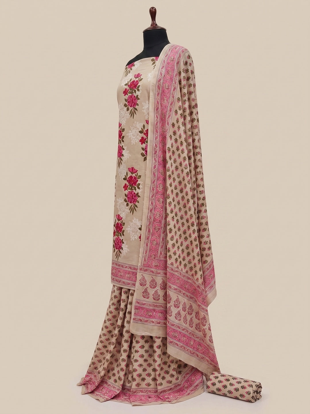 Beige Floral Printed Pure Cotton Dress Material - Image 3