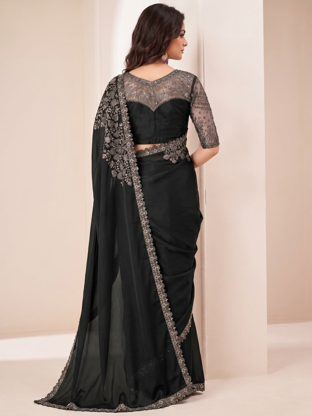 Black Sequins Embroidered Satin Saree - Image 1