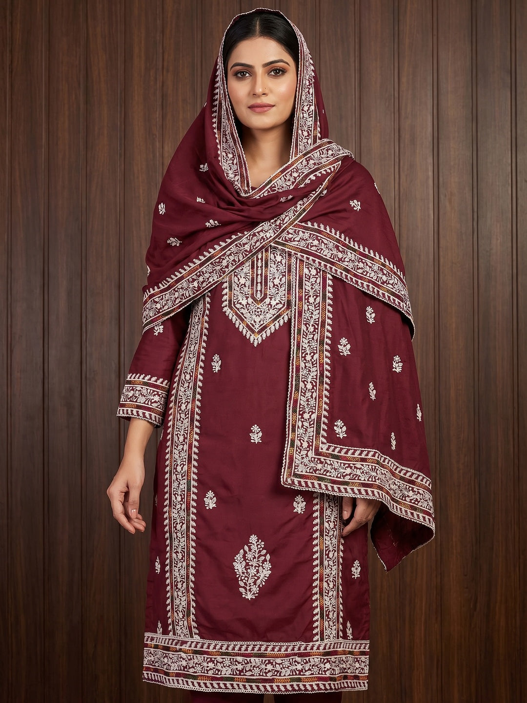 Maroon Floral Embroidered Cotton Silk Dress Material - Image 1