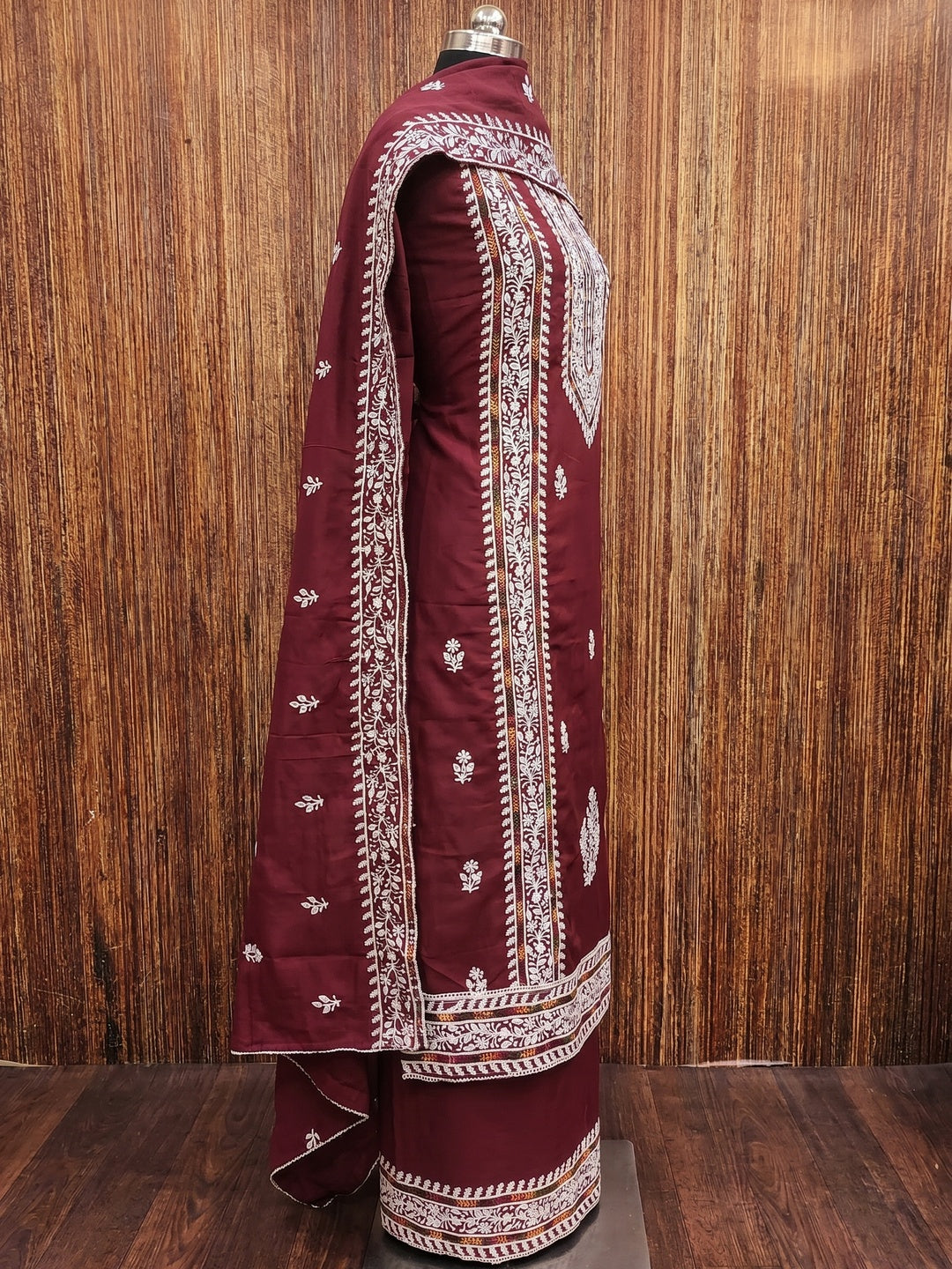 Maroon Floral Embroidered Cotton Silk Dress Material - Image 2