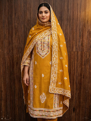 Mustard Floral Embroidered Cotton Silk Dress Material - Image 1