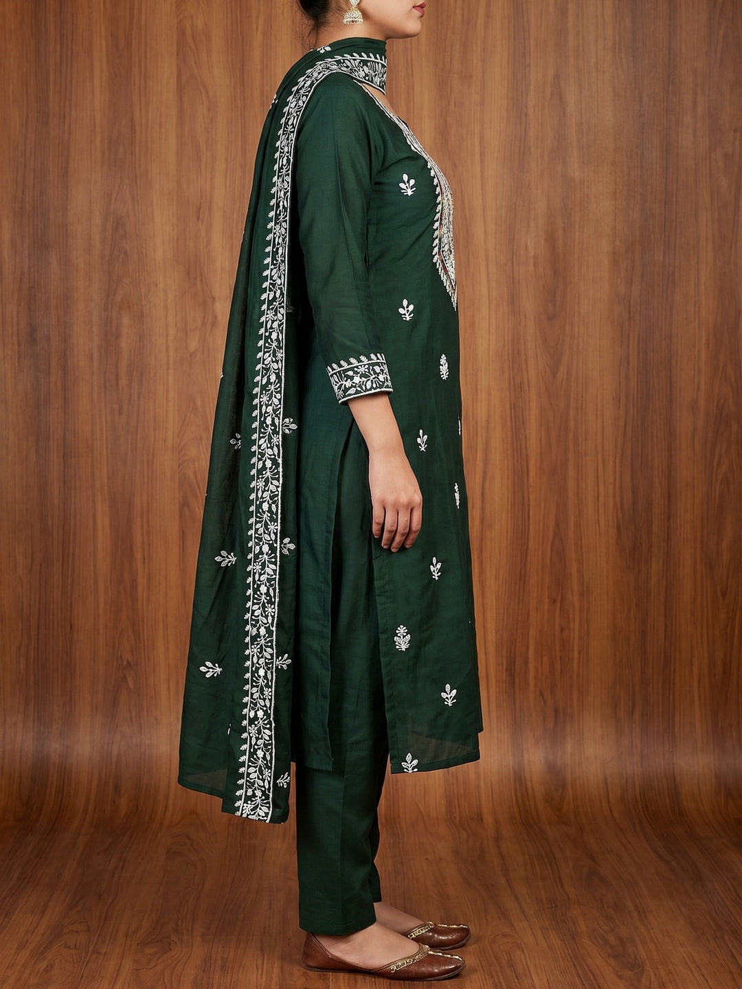 Green Floral Embroidered Cotton Silk Dress Material - Image 2