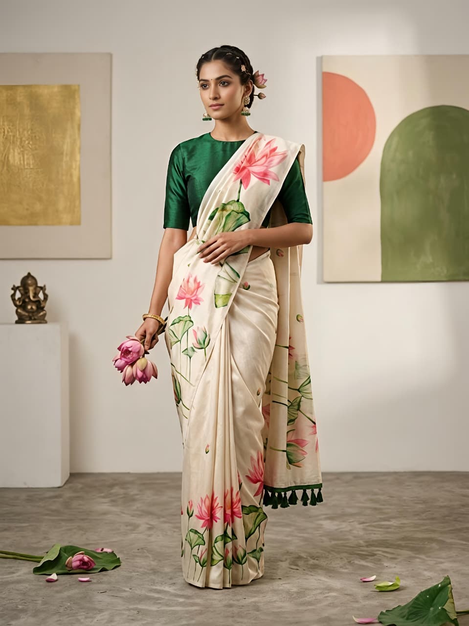 Peachmode Cream Tusser Silk Floral Print Saree - Image 2