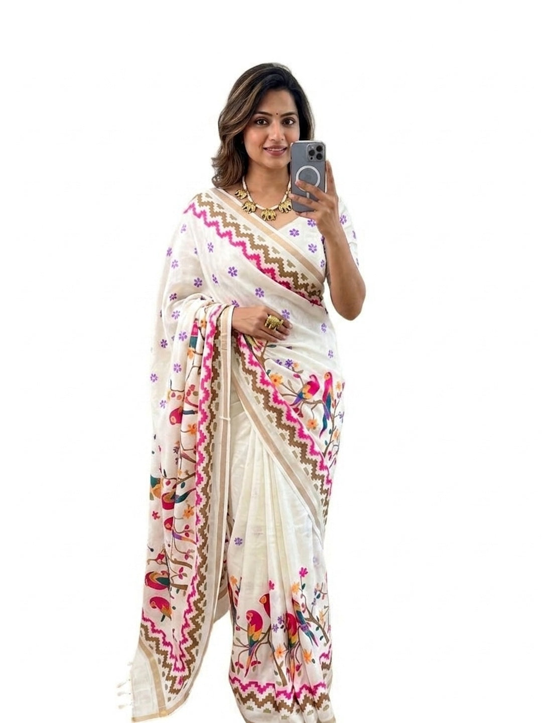 Peachmode Cream Mul Cotton Kalamkari Print Saree - Image 4