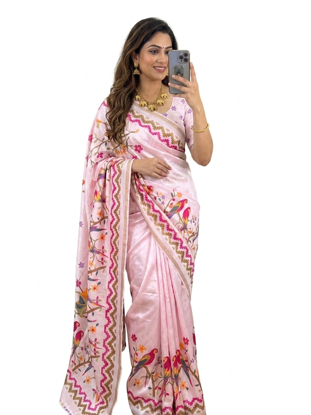 Peachmode Pink Mul Cotton Kalamkari Print Saree - Image 4