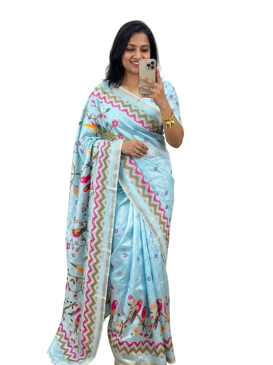 Peachmode Sky Blue Mul Cotton Kalamkari Print Saree - Image 4