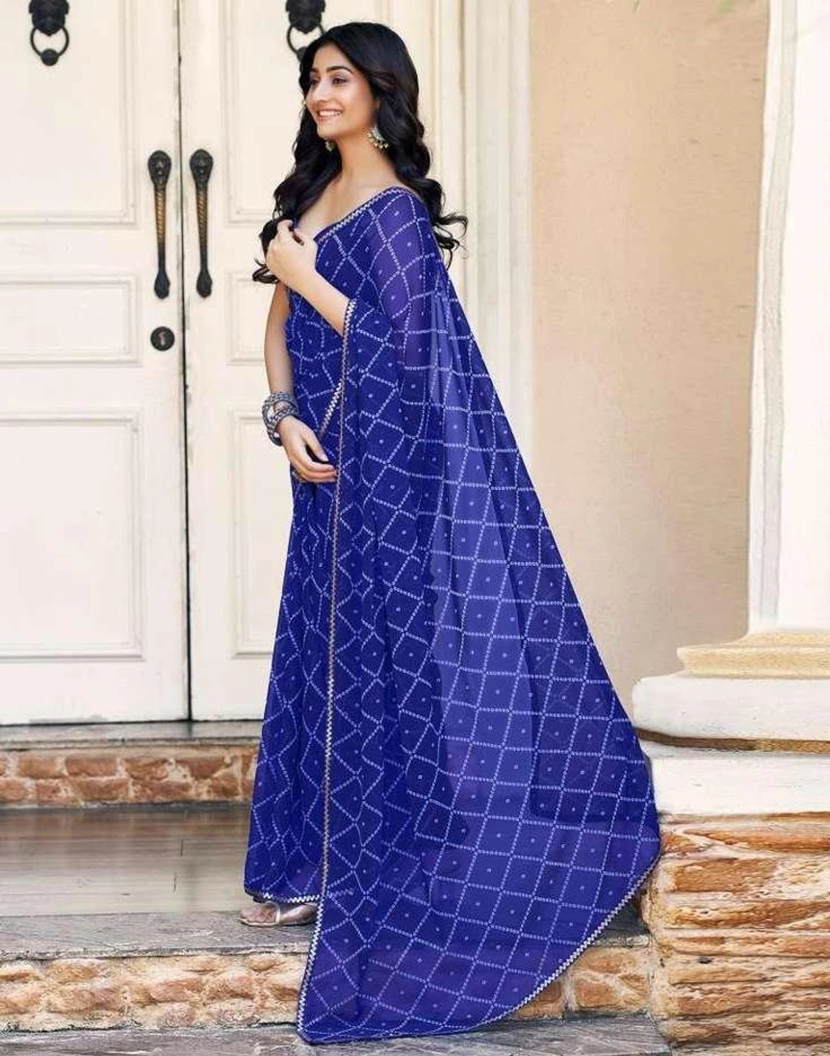 Peachmode Blue Georgette Bandhani Saree with Sequins Lace Border - Image 3