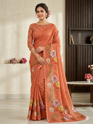 Peachmode Orange Linen Floral Print Saree with Cut Work Border - Image 1