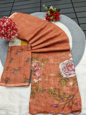 Peachmode Orange Linen Floral Print Saree with Cut Work Border - Image 2