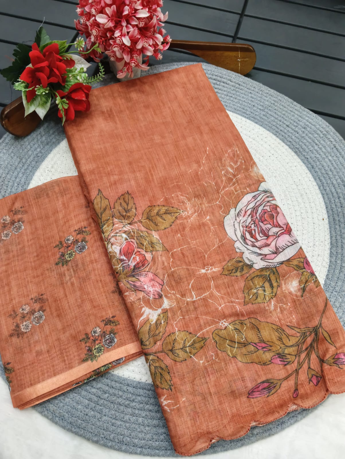 Peachmode Orange Linen Floral Print Saree with Cut Work Border - Image 3
