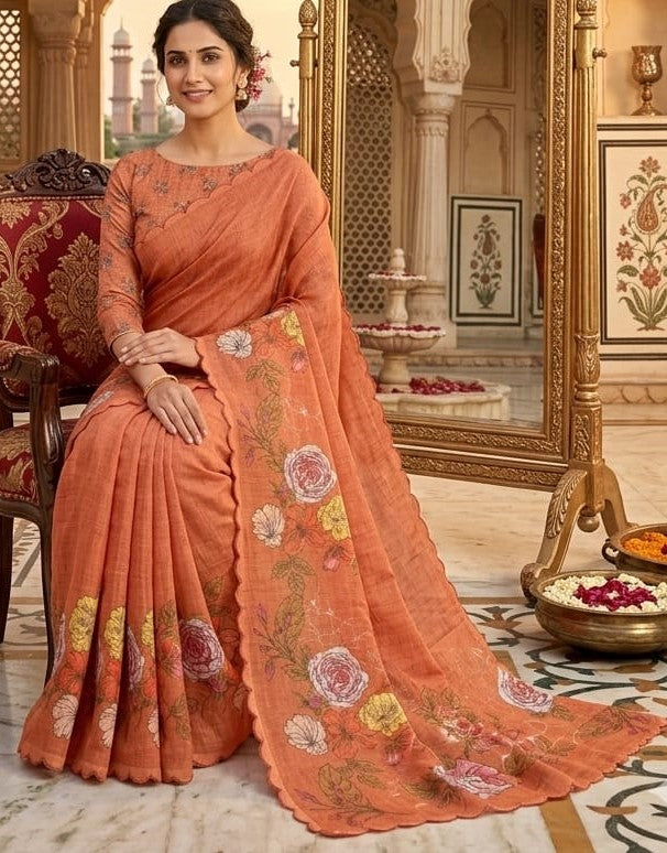 Peachmode Orange Linen Floral Print Saree with Cut Work Border - Image 4