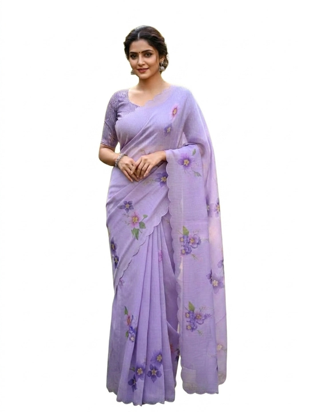 Peachmode Lilac Linen Floral Print Saree with Cut Work Border - Image 6