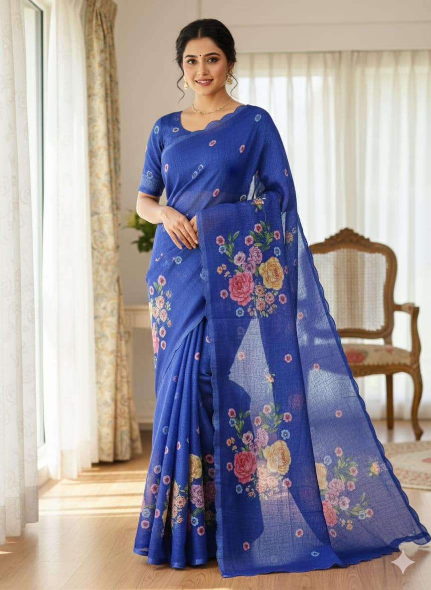 Peachmode Blue Linen Floral Print Saree with Cut Work Border - Image 1