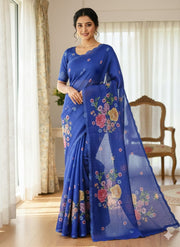 Peachmode Blue Linen Floral Print Saree with Cut Work Border