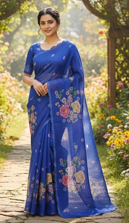 Peachmode Blue Linen Floral Print Saree with Cut Work Border - Image 4