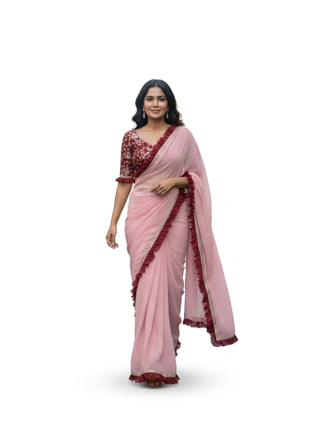 Peachmode Pink Georgette Floral Print Frill Lace Saree - Image 3