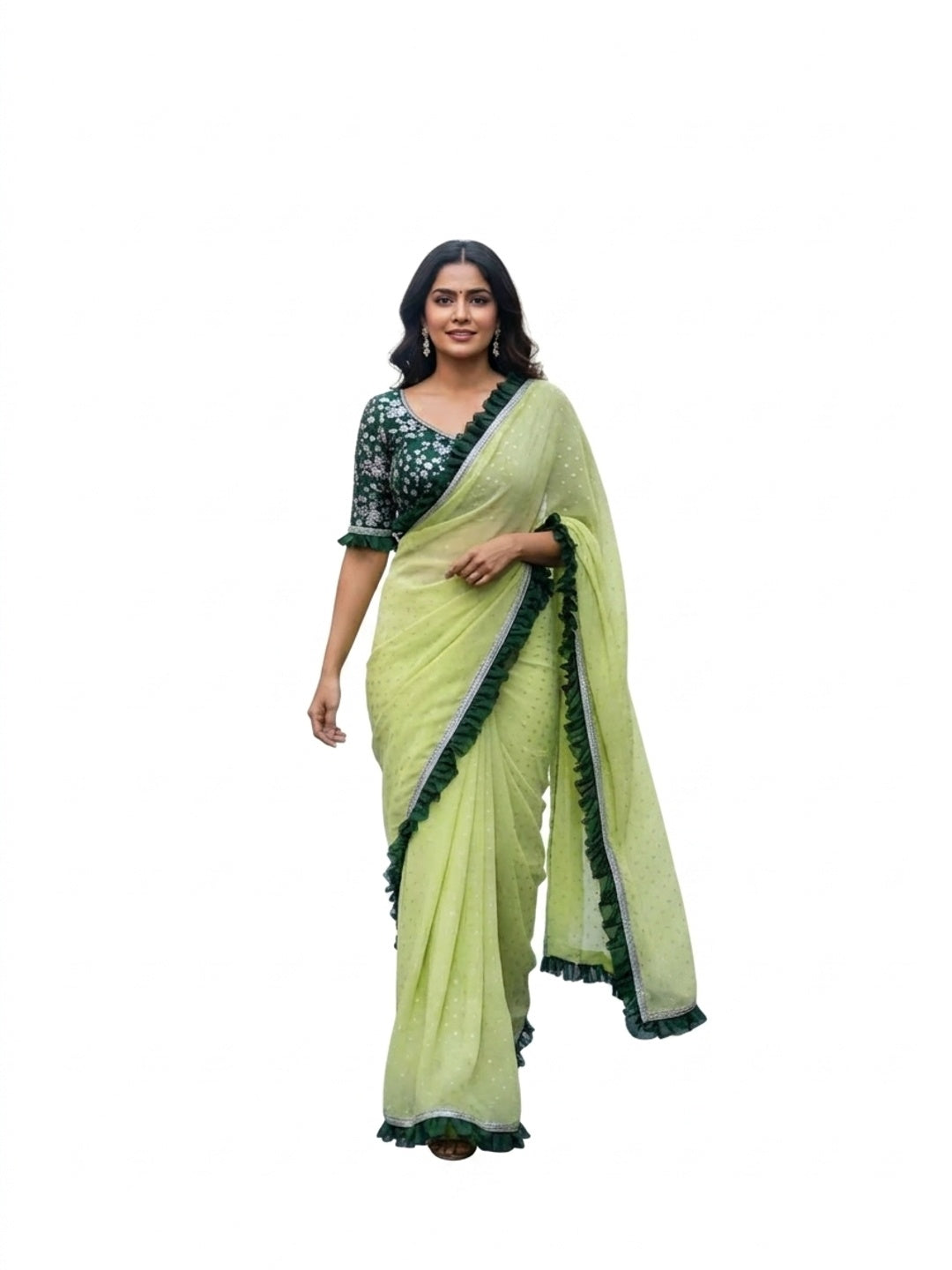 Peachmode Green Georgette Floral Print Frill Lace Saree - Image 3