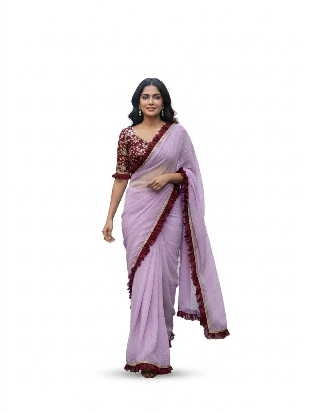 Peachmode Lilac Georgette Floral Print Frill Lace Saree - Image 3